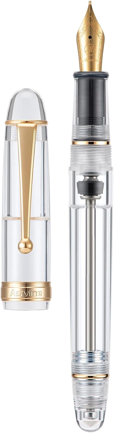 Asvine V126 Vacuum Filling Fountain Pen Extra Fine Nib, Transparent Clear Acrylic, Large-Capacity with Gift Case