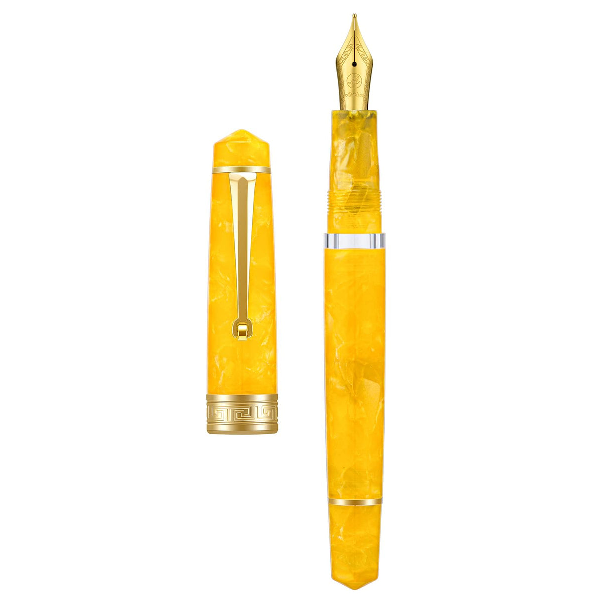 Asvine P20 Piston Fountain Pen Amber Resin, Iridium Extra Fine Nib Gold Trim Smooth Writer Collection with Case Set