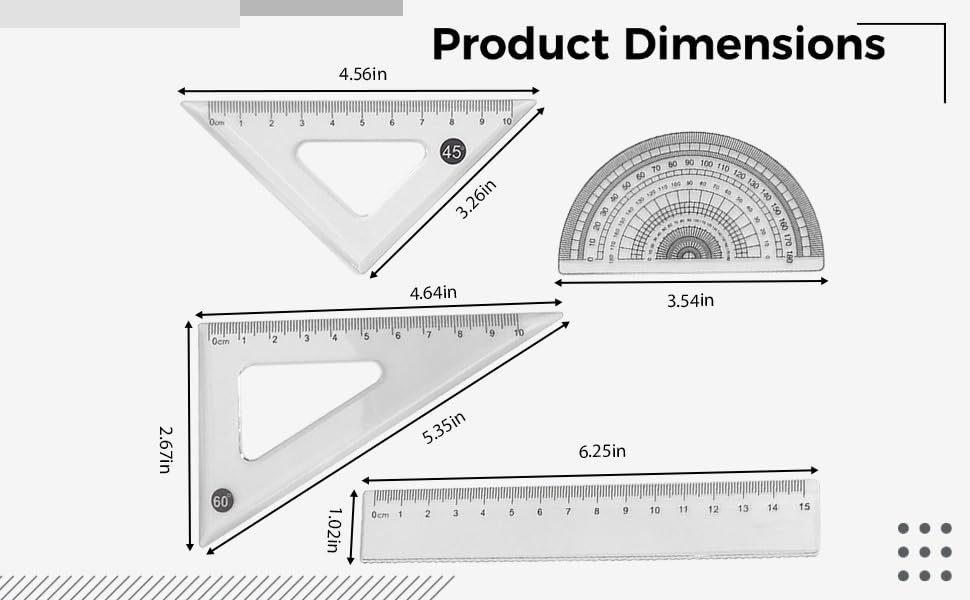 10 Pcs Ruler Set, Transparent Plastic Triangular Rulers, Protractors and Straightedge, Versatile for Drawing and Measuring, Clear Markings, Metric and Imperial Scales, Art Studio and Home Use