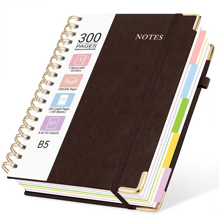 Hardcover Spiral Notebook, 5 Subject Notebook College Ruled 300 Pages
