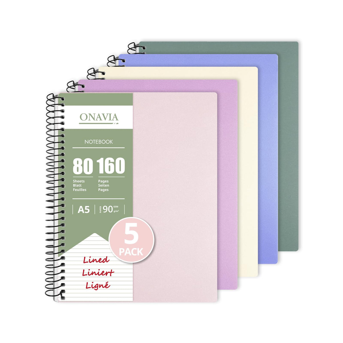 ONAVIA A5 Spiral Lined Journal Notebook, 5.8" x 8.3", 5 Pack, 160 Pages