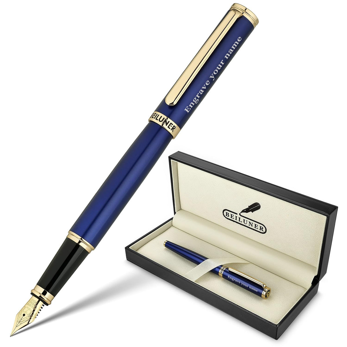 BEILUNER Blue Fountain Pen, 24K Gold Accents, Gorgeous 24K Gilded Nib(Fine)