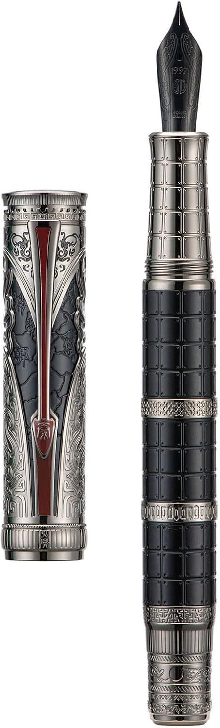 Hongdian D5X Fountain Pen Extra Fine Nib Black Color, Qin Dynasty Retro Chinese Totem Engraving Smooth Writing Pen with Converter and Pen Box Set