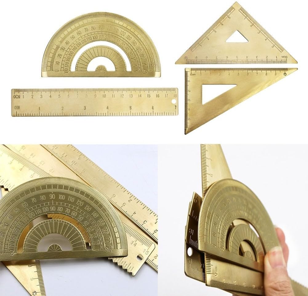 Golden Brass Ruler Stationery Set with Isosceles Triangle Right Angle Triangle Protractor 18cm Scale Measuring Tool for Drawing Drafting School Office Engineering