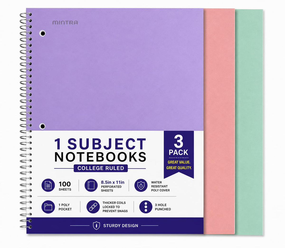Mintra Office Durable Spiral Notebooks, 1 Subject, (Spring Pink, Sun Yellow, Arctic Ice, College Ruled 3pk)