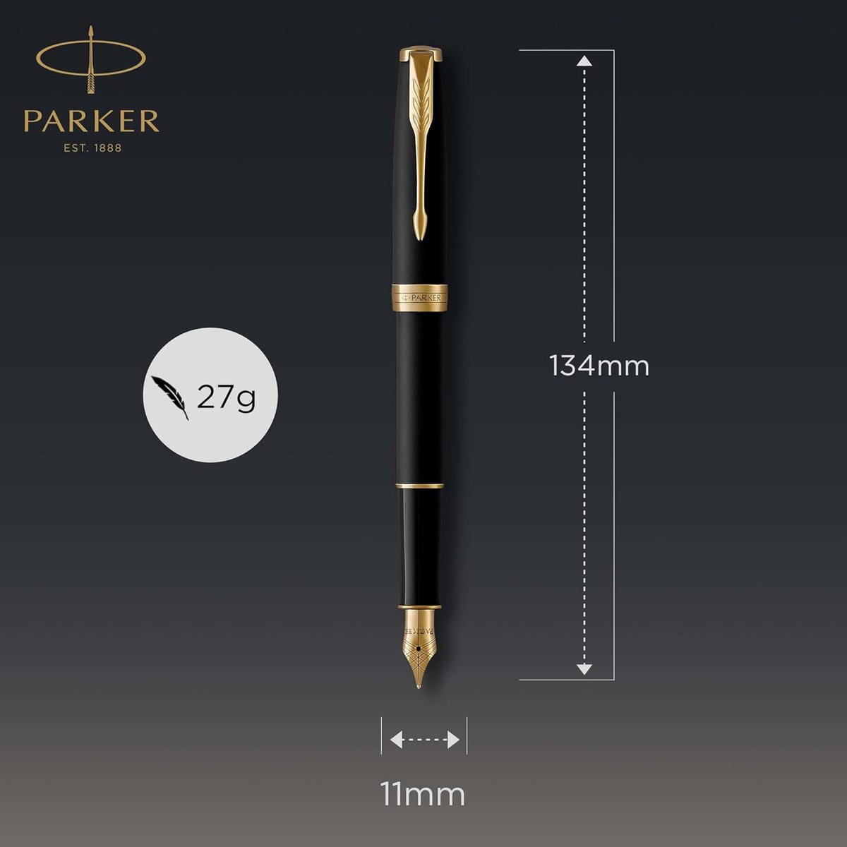 Parker Sonnet Fountain Pen, Matte Black Lacquer with Gold Trim, Medium Nib, Premium Gift Box, Ideal for Gifting