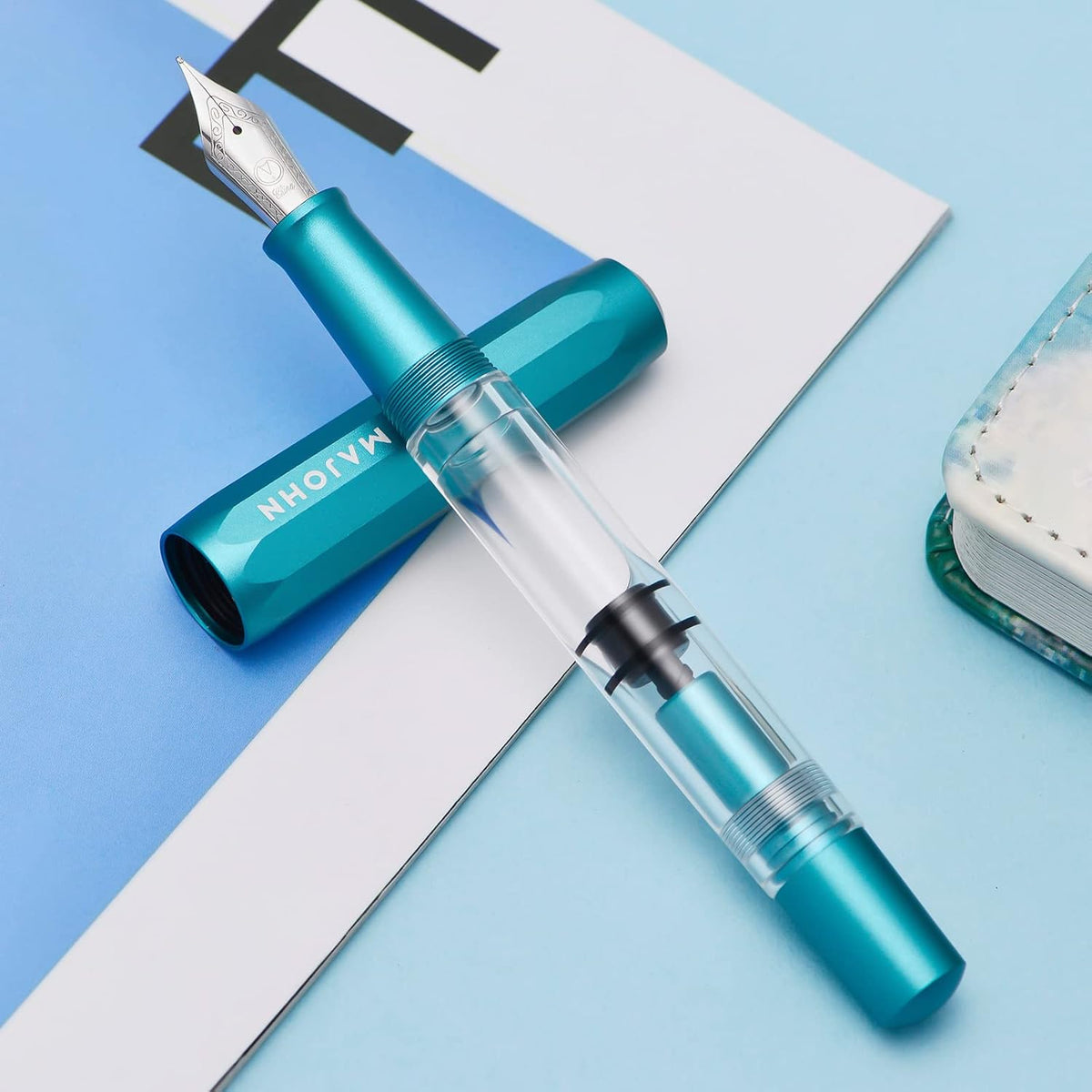 Majohn T1 Piston Fountain Pen Fine, Blue Aluminium Clear Acrylic Large Ink Capacity Writing Pen Box Set