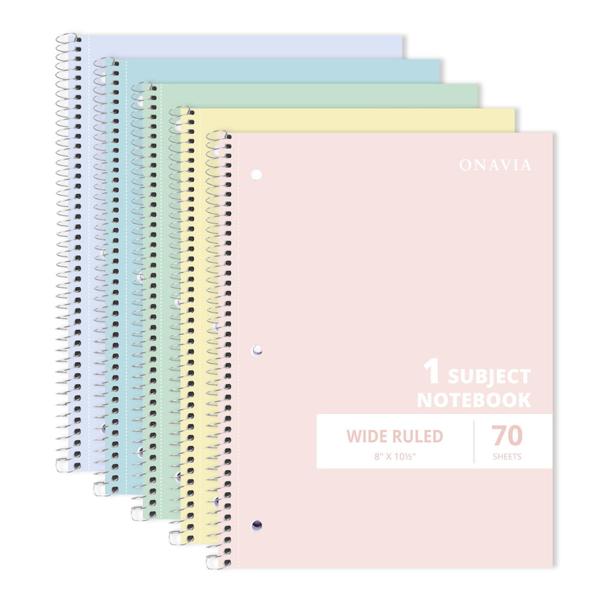 ONAVIA 1 Subject Spiral Notebook Wide Ruled 5 Pack, 140 Pages, Black