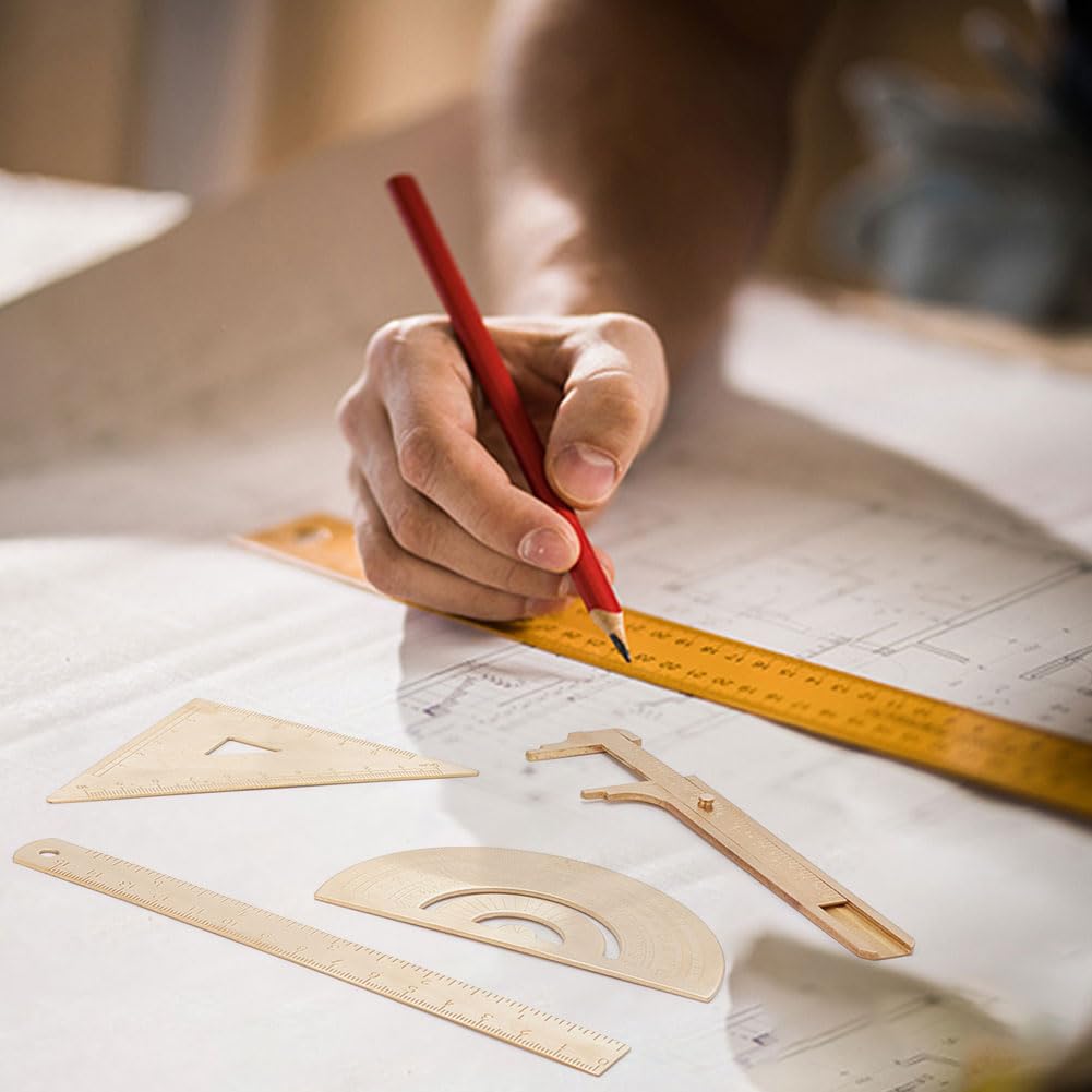 WEBEEDY Set of 4 Metal Geometry Ruler Kit Gold Brass Ruler Set, with 15cm Straight Edge Ruler, 10cm Small Straight Ruler, Triangular Ruler, Protractor for Engineers Office Drawing Drafting Art Work