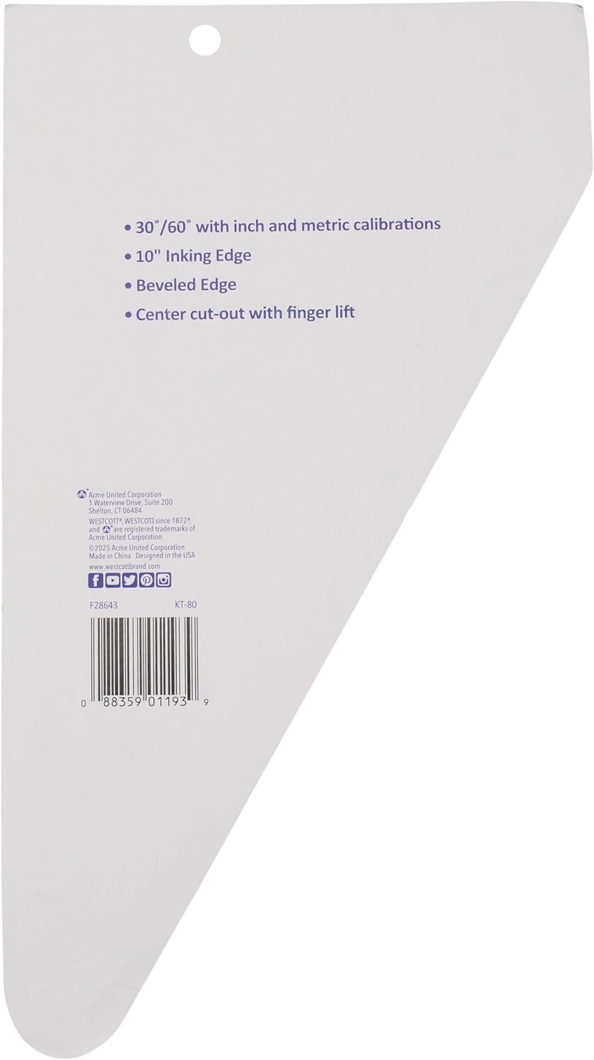 Westcott 10-Inch 30/60/90 Triangle Set, Transparent Acrylic with Cut-Out Center, 6-Pack (KT-80)