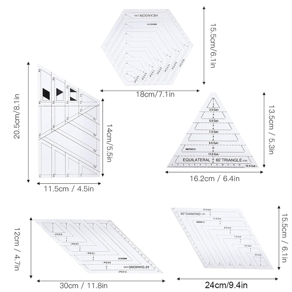 Plastic Quilting Ruler Set 5Pcs, Transparent Templates