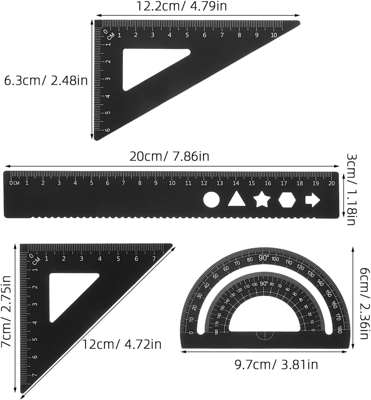 8pcs Geometry Ruler Set with Protractor and Triangular Scale Precision Math Drafting Tools for School and Office Clear Scale Markings for Accurate Technical Drawing and Measurement