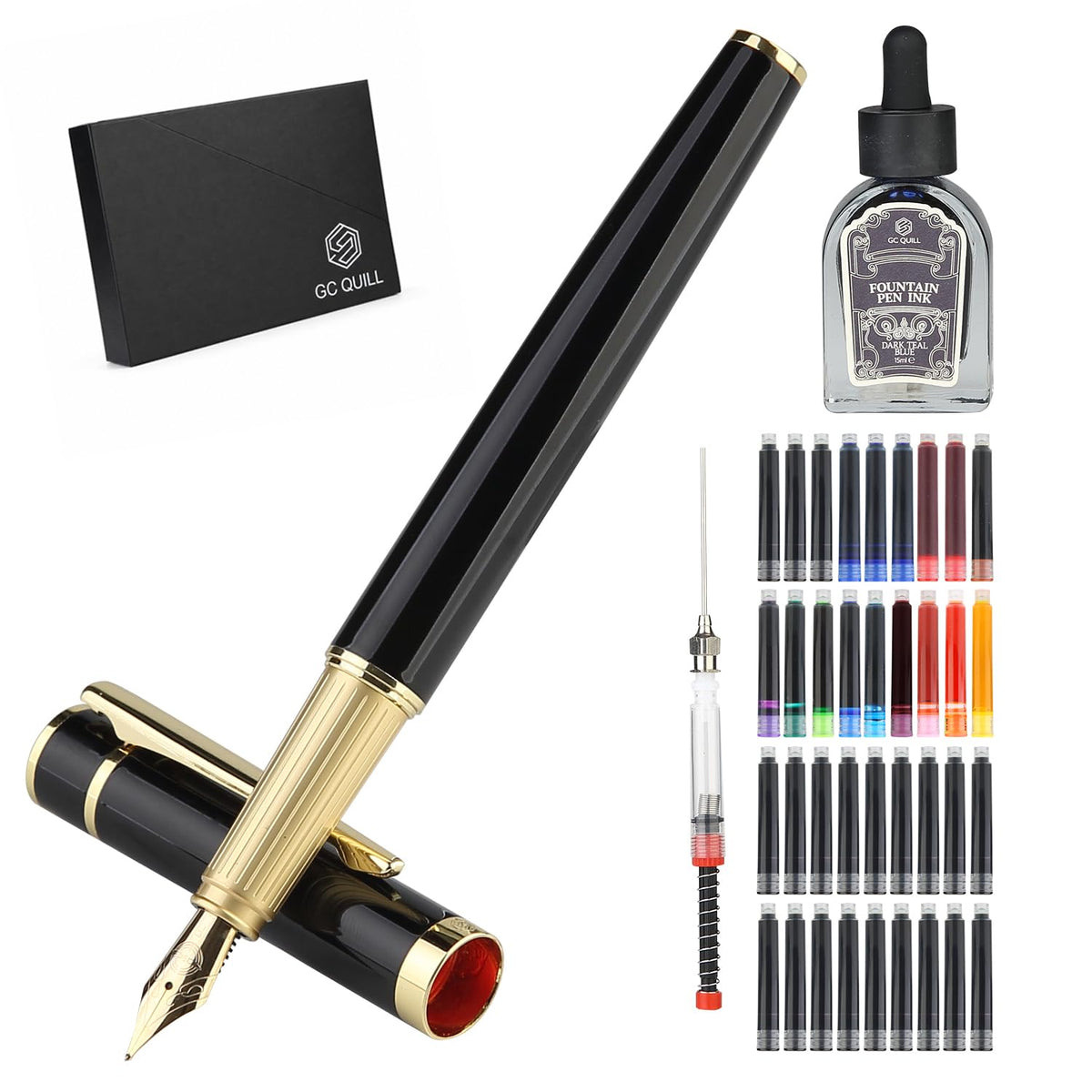 Fountain Pen Set, Elegant Executive Fine Nib Pen with Ink Converter, Refill Tool, Black & Assorted Cartridges, Bottled Ink, Gift for Journaling, Writing, Office and Beginners (Black & Gold)