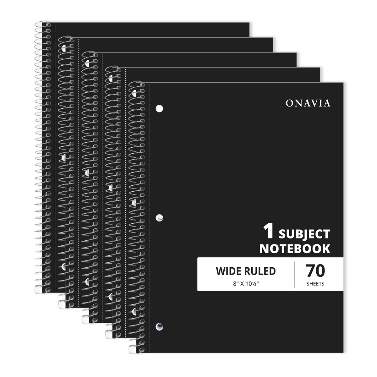 ONAVIA 1 Subject Spiral Notebook Wide Ruled 5 Pack, 140 Pages, Black