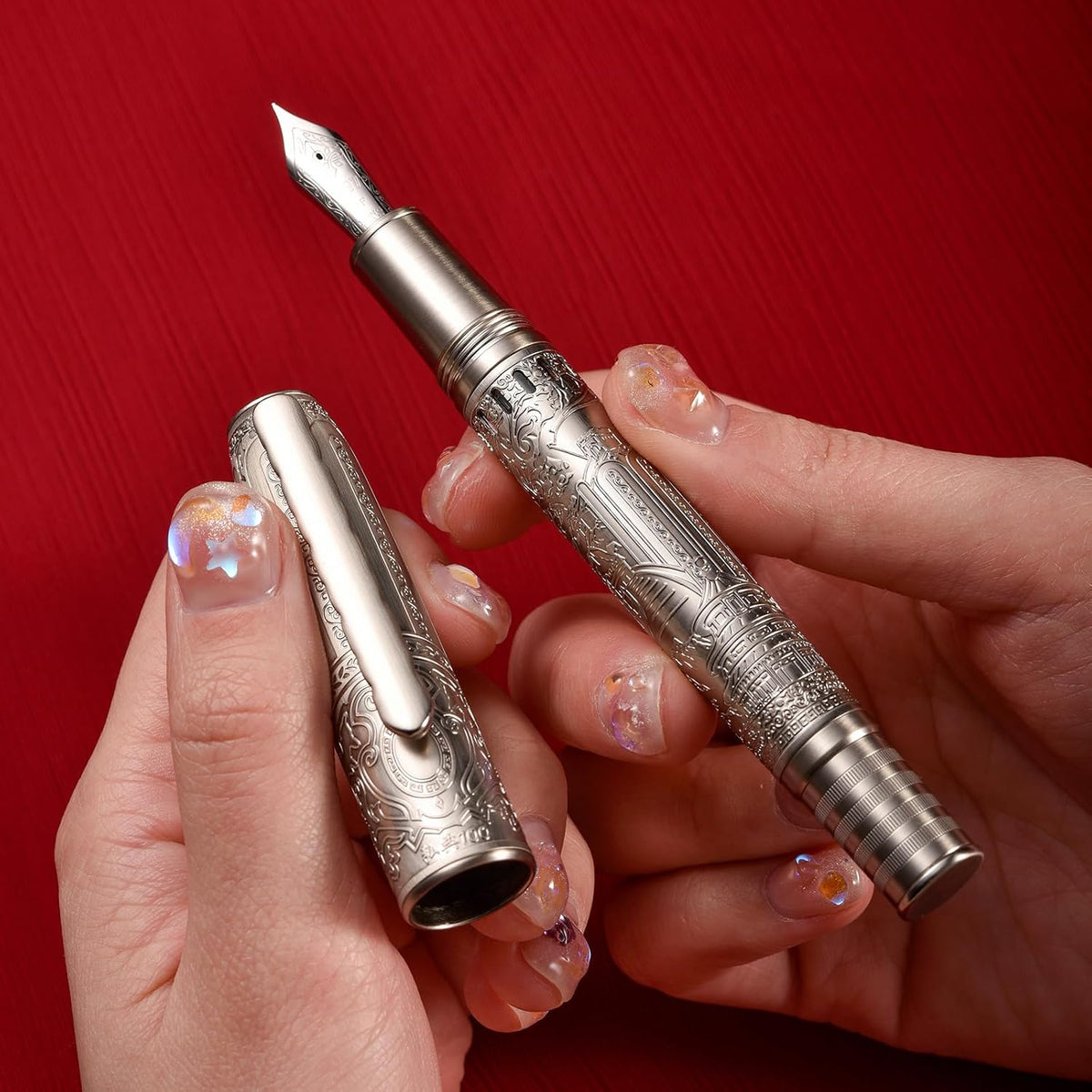 Hongdian 100 Piston Fountain Pen Silver Steel, Iridium Medium Nib Calligraphy Pen, Smooth Writing Pen with Pen Case Set