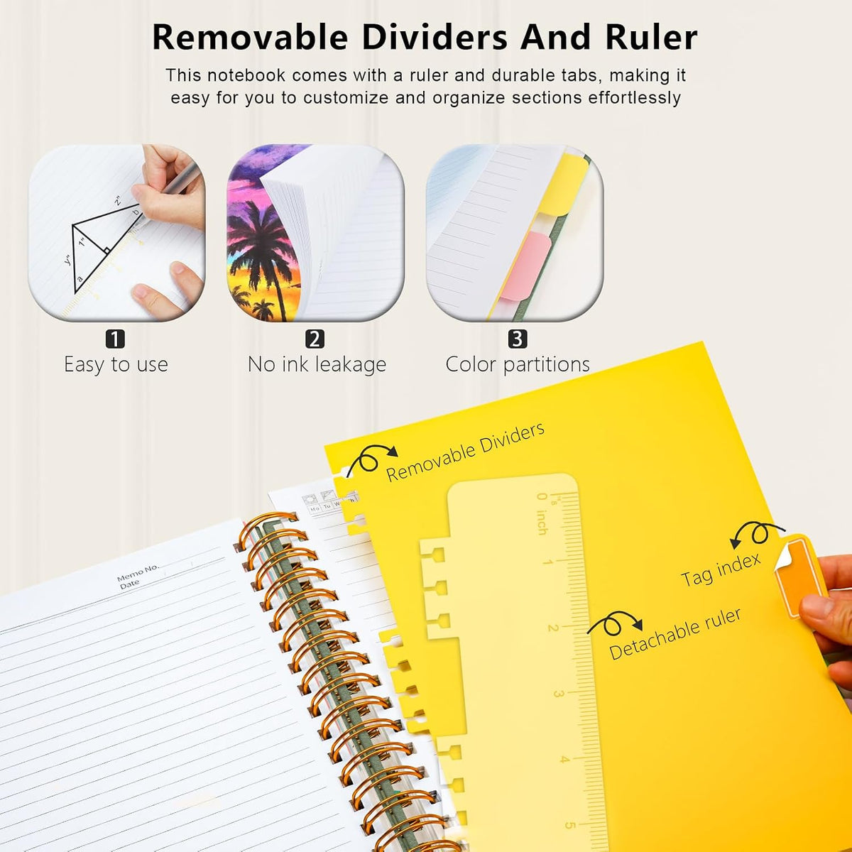 Hardcover Spiral Notebook College Ruled, 6.2"x 8.2" Leather Journal Notebook with Magnetic Closure, 300 Pages 5 Subject Notebook with Dividers Tabs Journal for Women Men, Work, School(Sage Green)