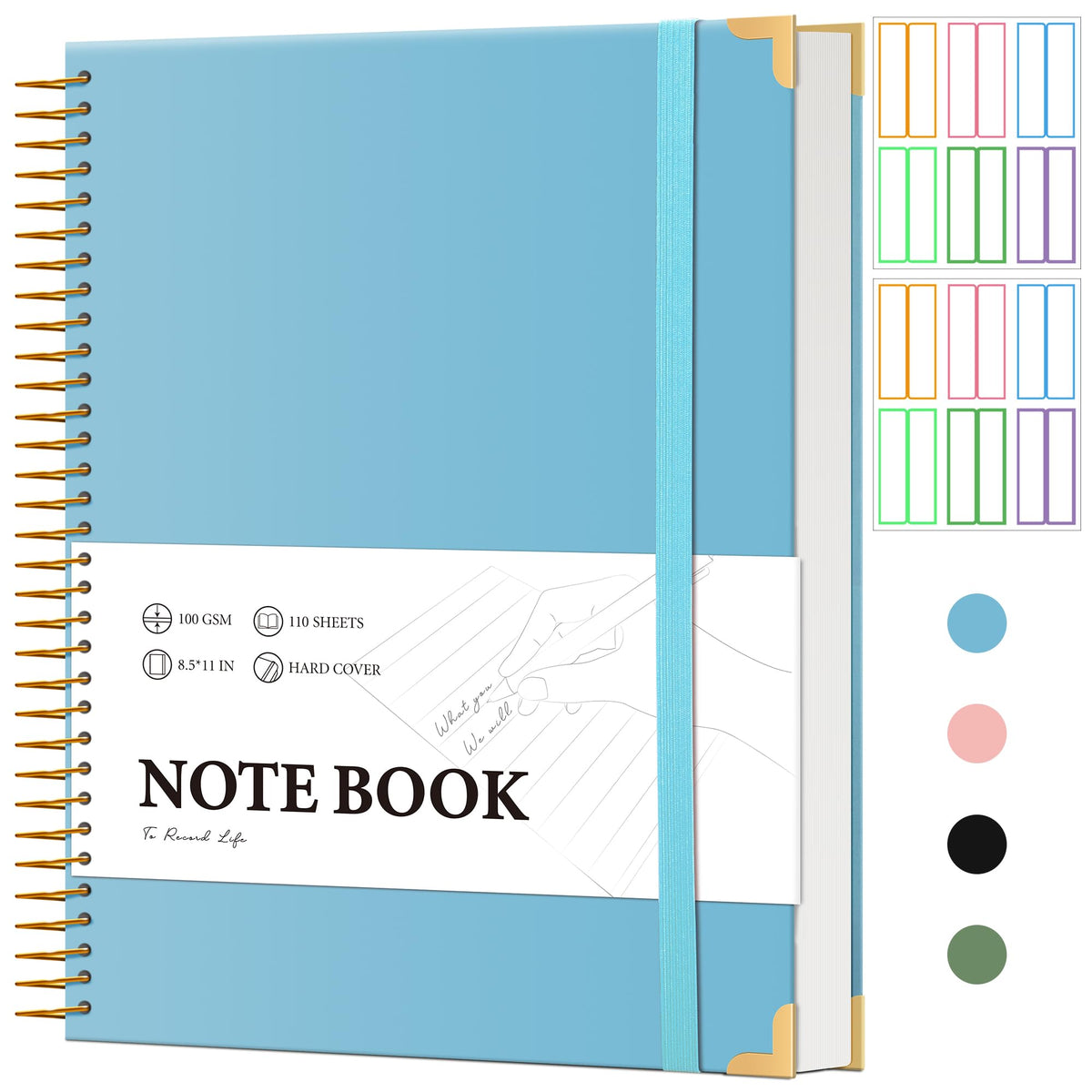 Large Hardcover Spiral Notebook College Ruled 8.5 X 11 with Stickers, Blue