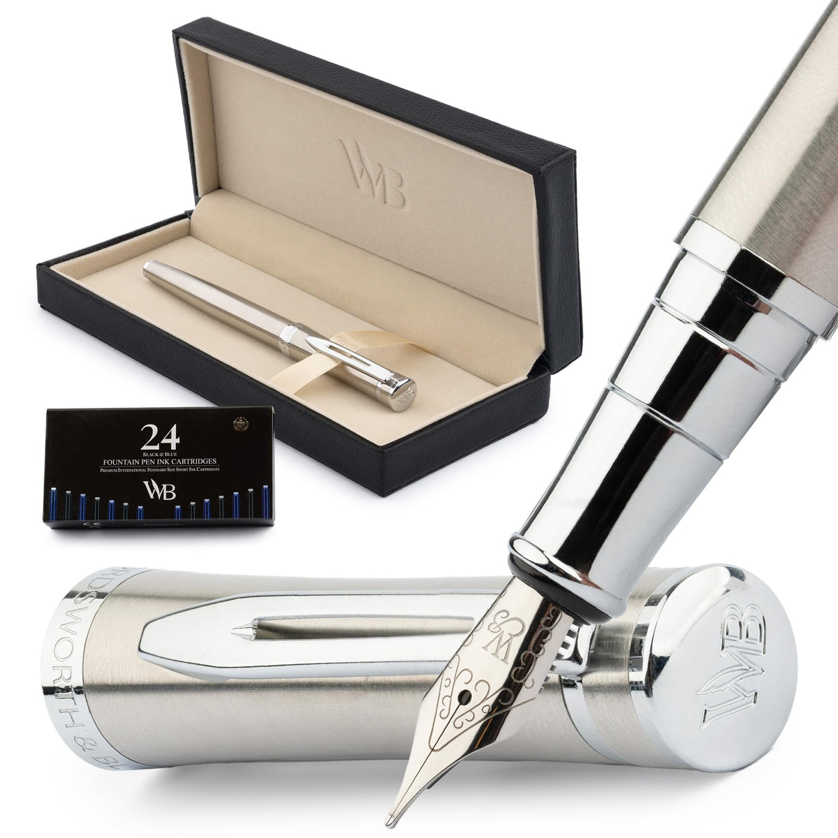 Wordsworth & Black Luxury Fountain Pen Set for Writing, Medium Nib, Silver