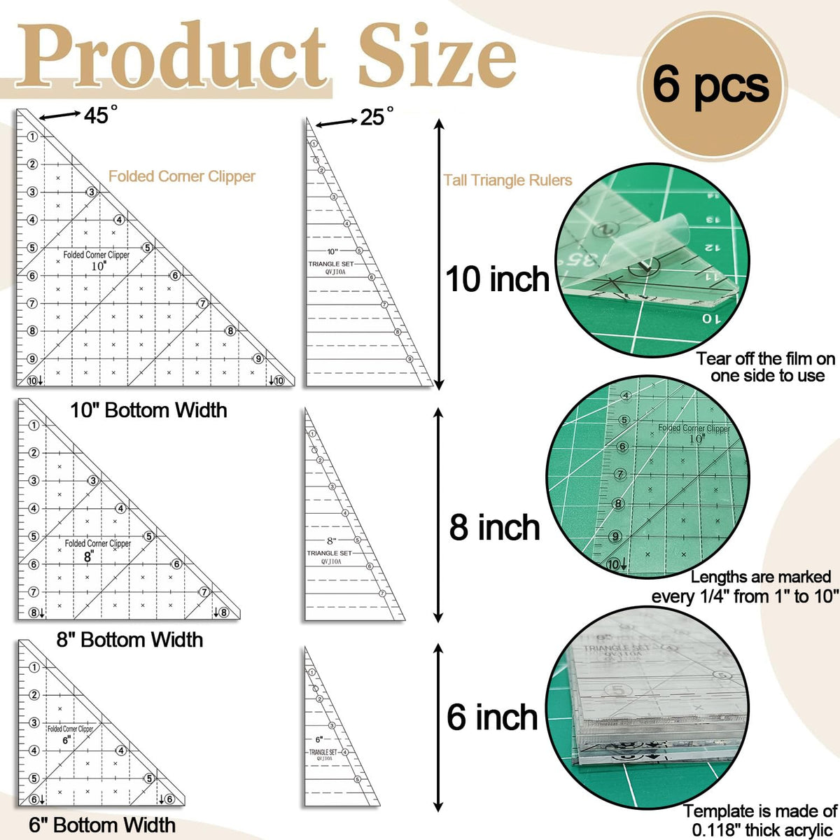 6 Pieces Folded Corner Ruler 6 8 10 Inch Quilting Template Triangle Ruler, 45 Degree Acrylic Triangle Quilt Template, Sewing Templates for Sewing Cutting Cutter Tools, Transparent