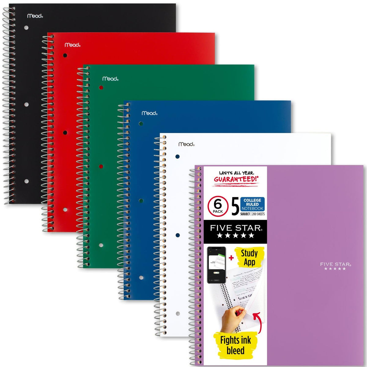 Five Star Spiral Notebook + Study App, 5 Subject, College Ruled Paper, 8-1/2" x 11", 200 Sheets, Fights Ink Bleed, Water Resistant Cover, Prom Pink (820004R)