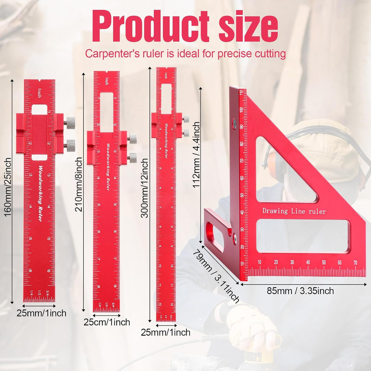 4 Pcs Woodworking Ruler, Metal Precision Pocket Rulers 12, 8, 6 Inch with 3D Multi Angle Measuring Ruler 45/90 Degree for Precision Measuring Marking Inch and Metric