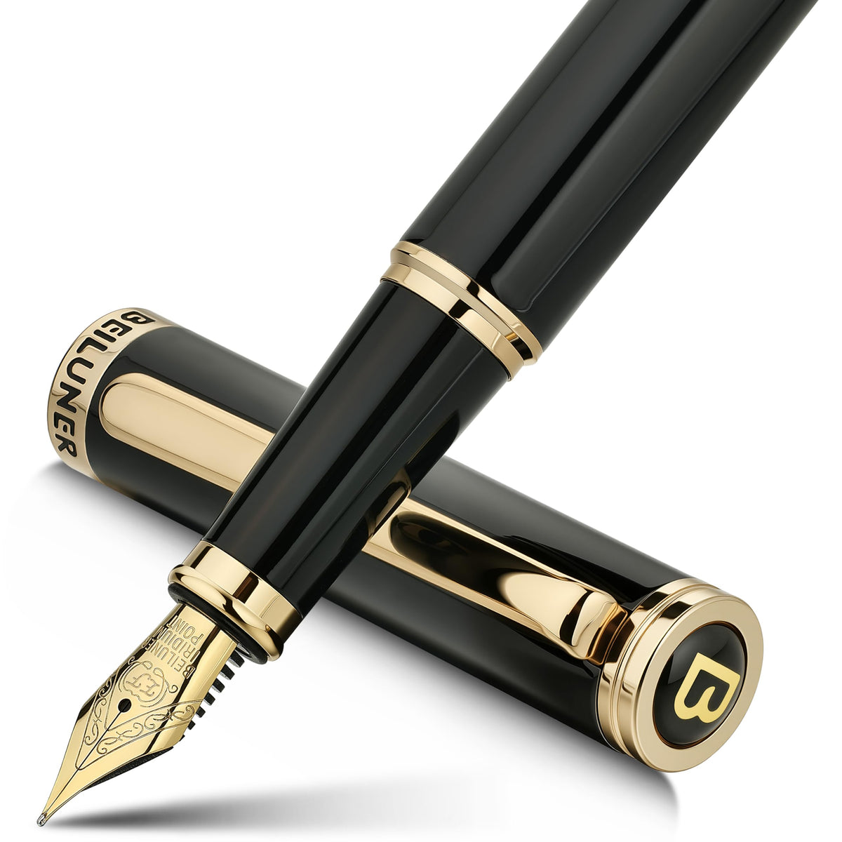 BEILUNER Blue Fountain Pen, 24K Gold Accents, Gorgeous 24K Gilded Nib(Fine)