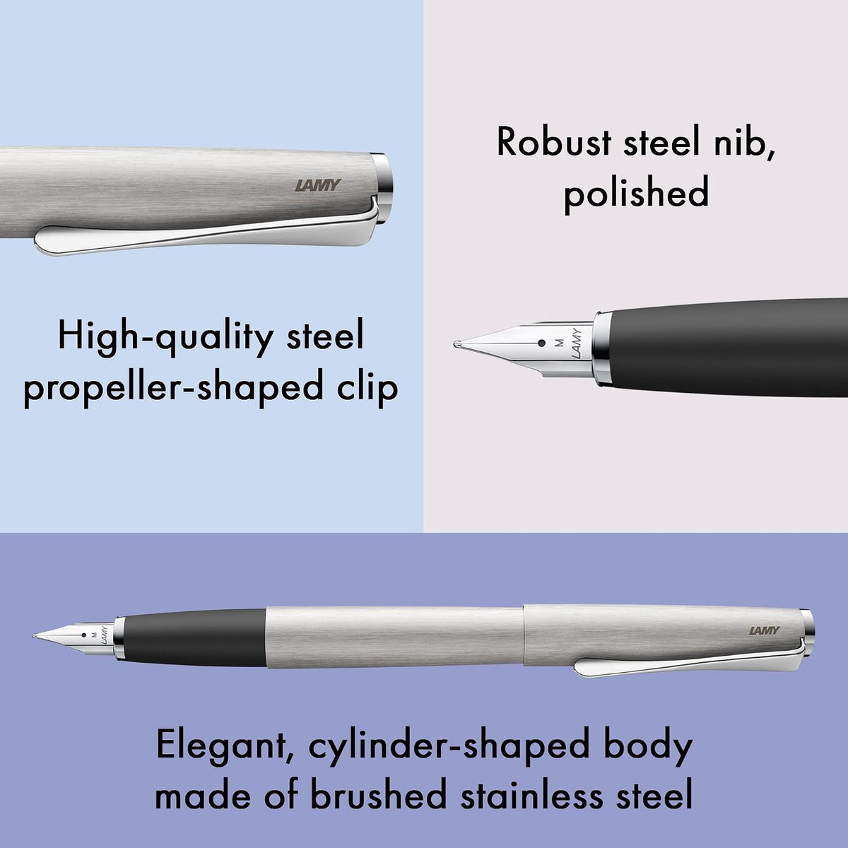 Lamy studio brushed - Fountain Pen in elegant metal body - steel nib, partially platinum-plated & in nib size M - incl T 10 blue ink cartridge