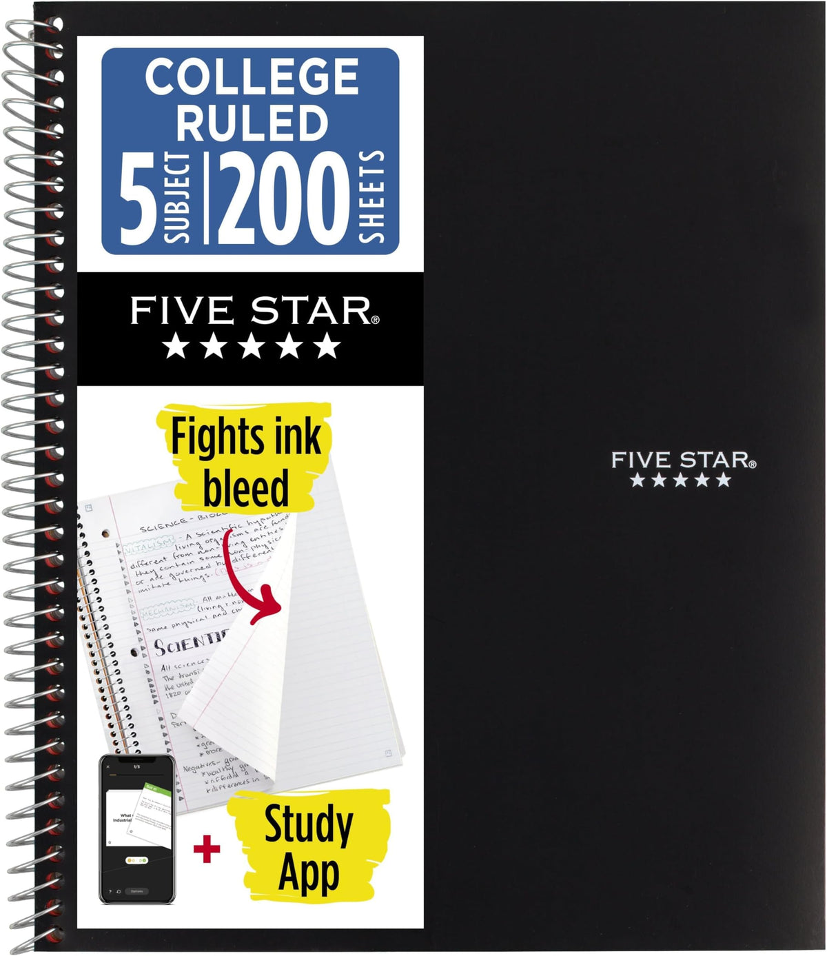 Five Star Spiral Notebook + Study App, 5 Subject, College Ruled Paper, 8-1/2" x 11", 200 Sheets, Fights Ink Bleed, Water Resistant Cover, Prom Pink (820004R)