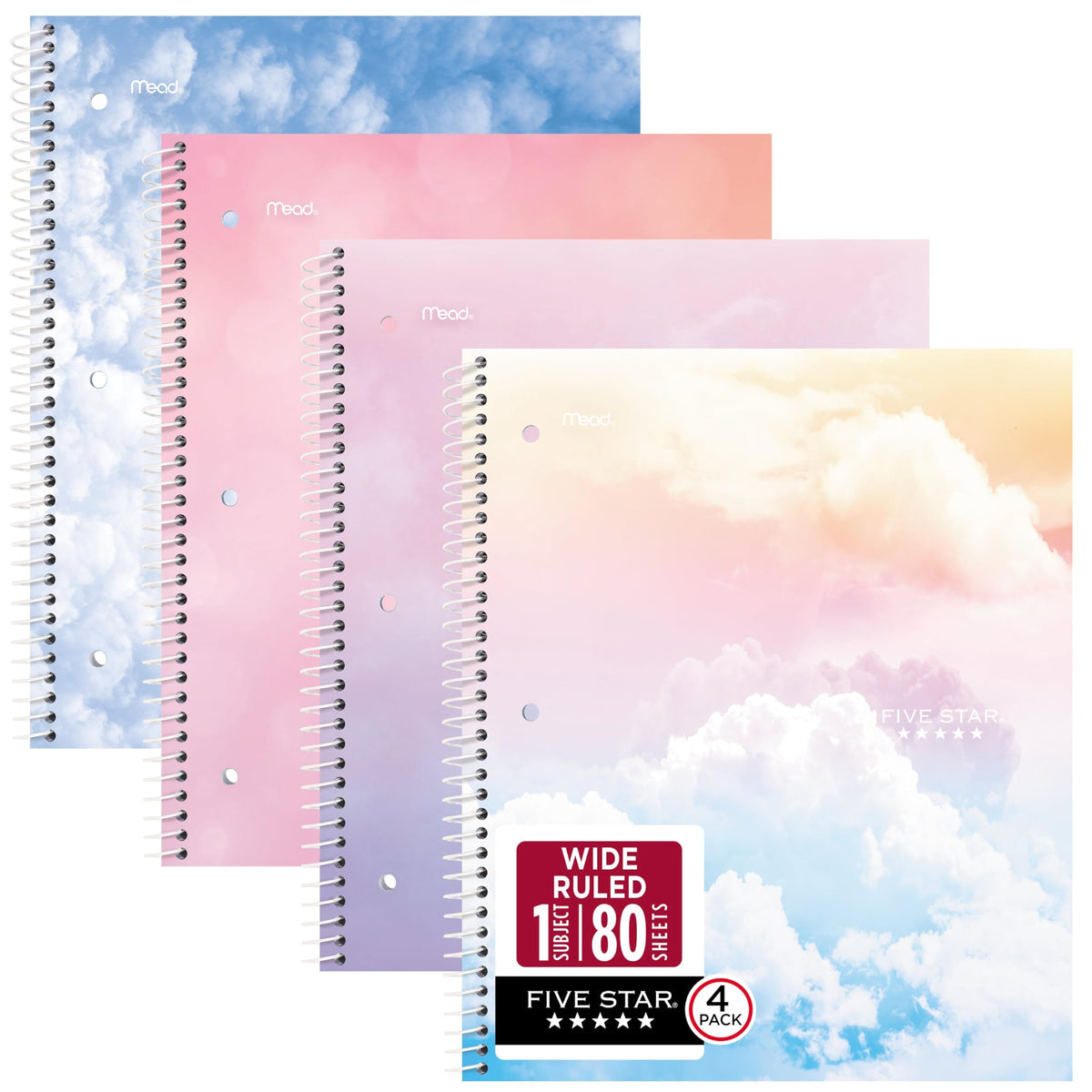 Five Star Spiral Notebook + Study App, 1 Subject, College Ruled Paper, 8-1/2" x 11", 80 Sheets, Styles, 4 Pack (850222F)