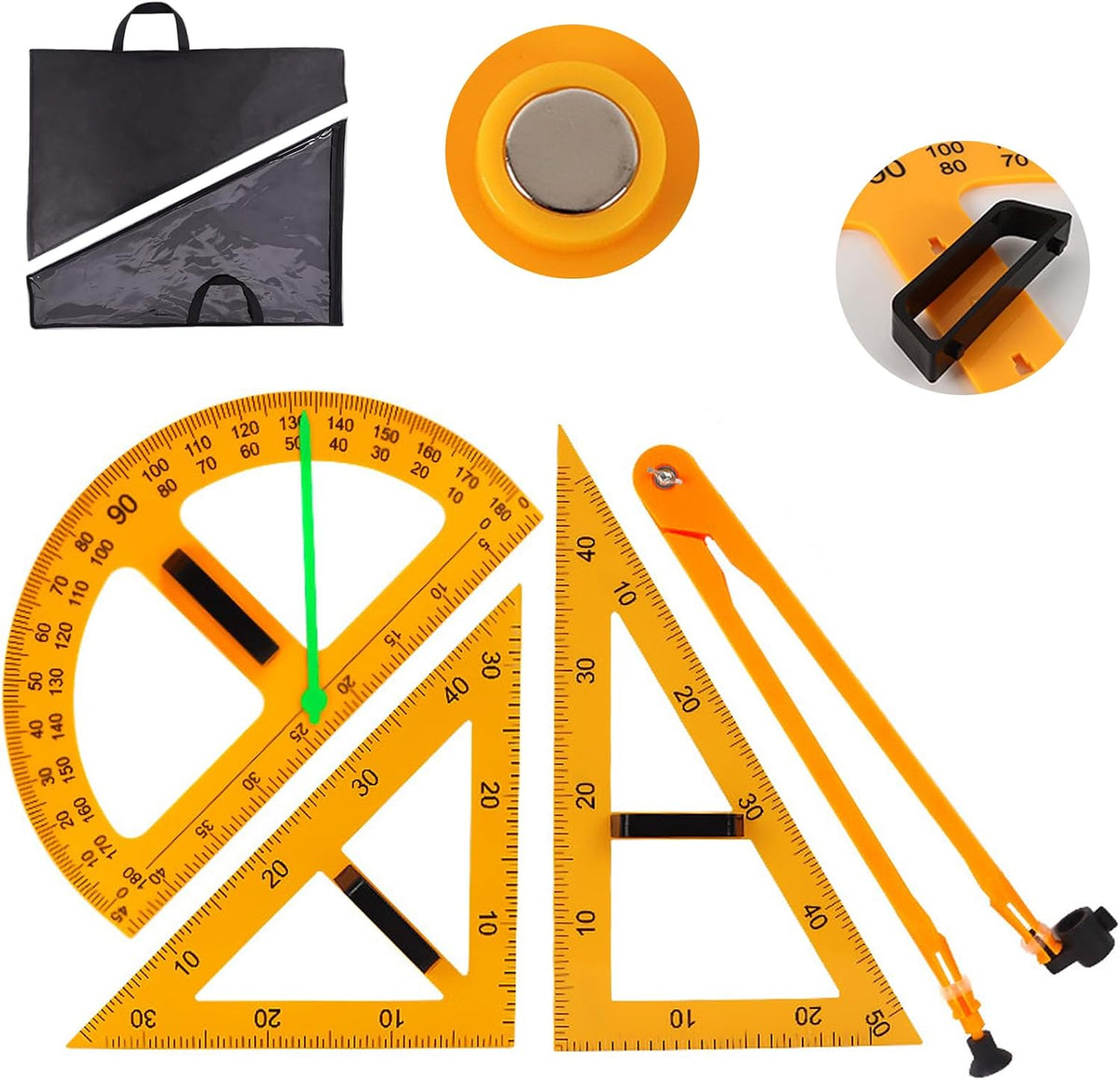Magnetic Triangular Scale Ruler Set Drafting Tools Mathematics Protractor Pencil Compass, Math Geometry Classroom Teaching Measurement Set Oversized Ruler (4-pcs Ruler Compass Protractor)