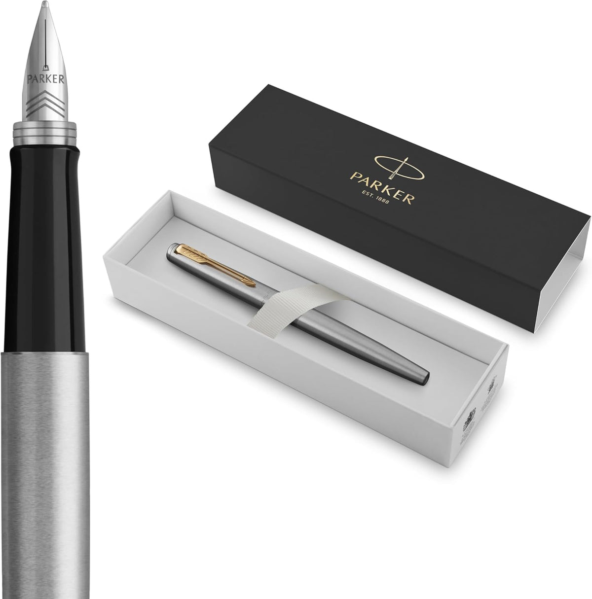 Parker Jotter Fountain Pen, Stainless Steel with Gold Trim, Medium Nib, Blue Ink & Gift Box