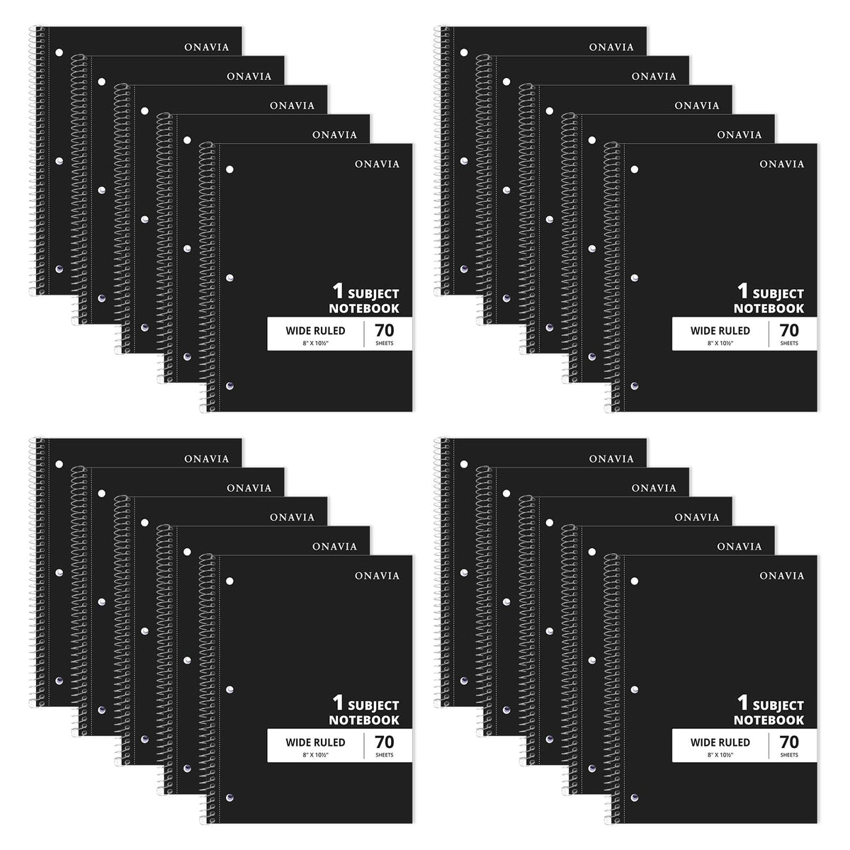 ONAVIA 1 Subject Spiral Notebook Wide Ruled 5 Pack, 140 Pages, Black