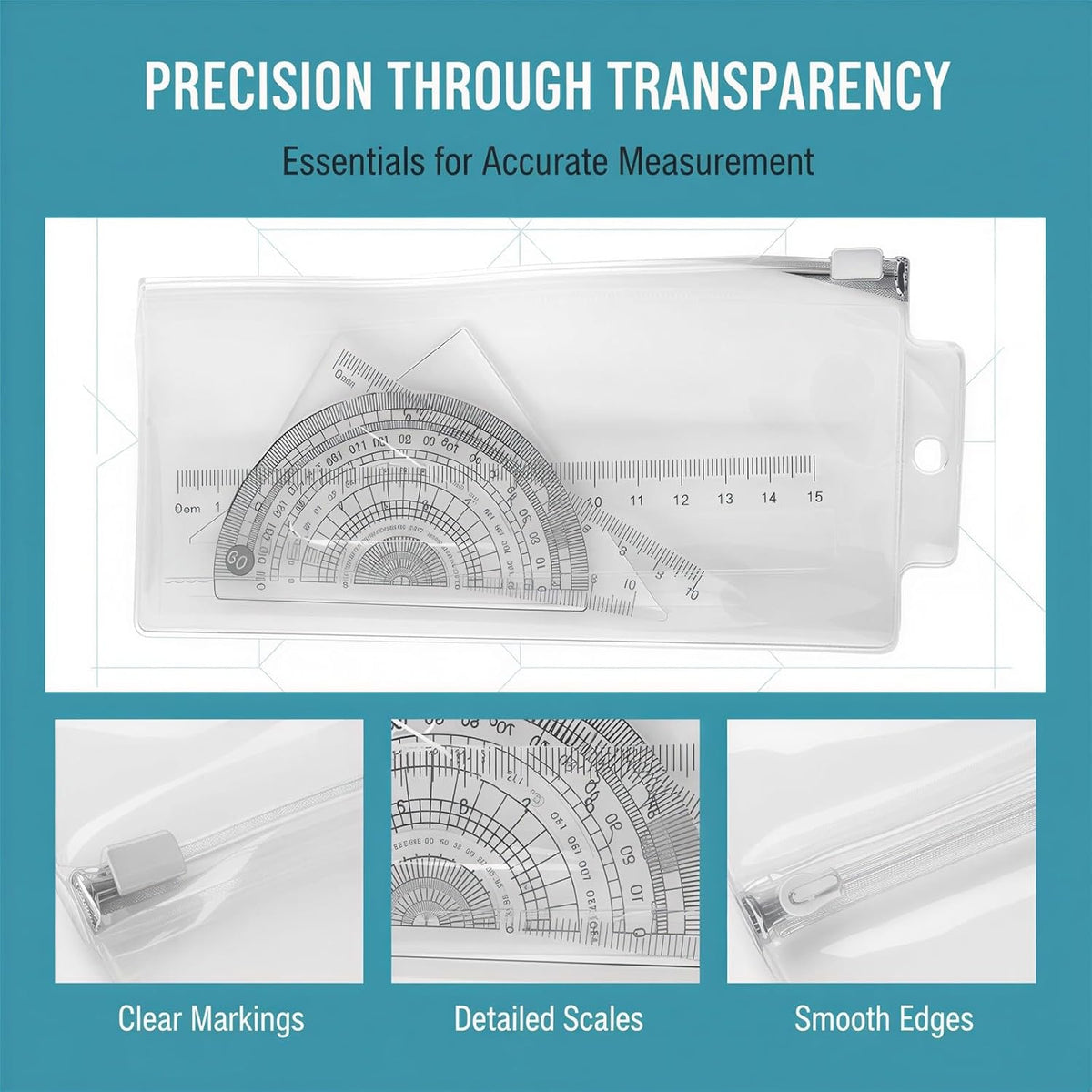 10 Pcs Ruler Set, Transparent Plastic Triangular Rulers, Protractors and Straightedge, Versatile Ruler Set for Drawing, Clear Markings, Metric and Imperial Scales, for Art Studio and Home Use