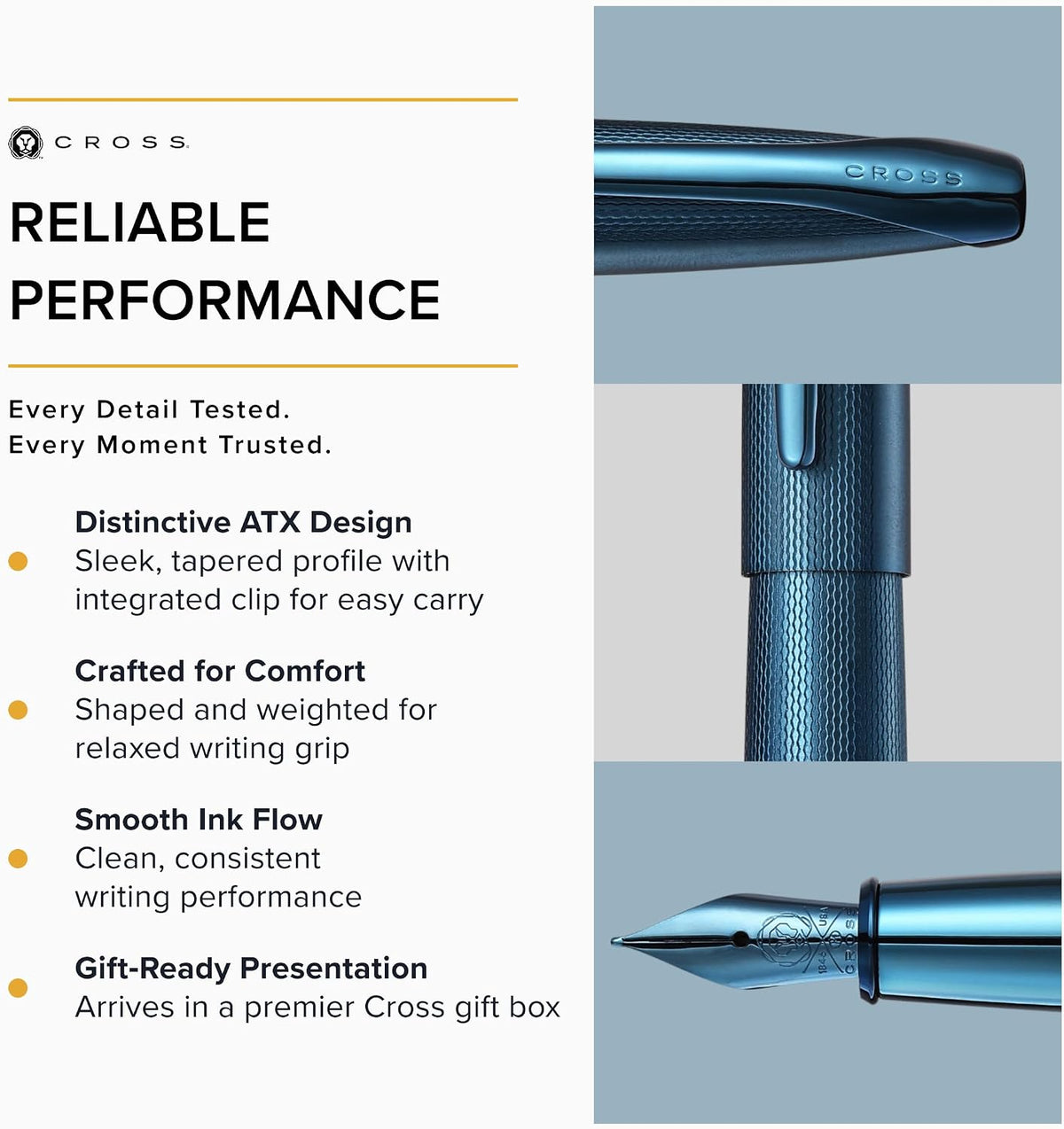 Cross ATX Sandblasted Dark Blue Fountain Pen, Fine Nib, Black Ink
