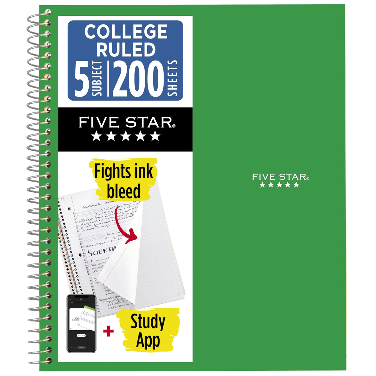 Five Star Spiral Notebook + Study App, 5 Subject, College Ruled Paper, 8-1/2" x 11", 200 Sheets, Fights Ink Bleed, Water Resistant Cover, Prom Pink (820004R)