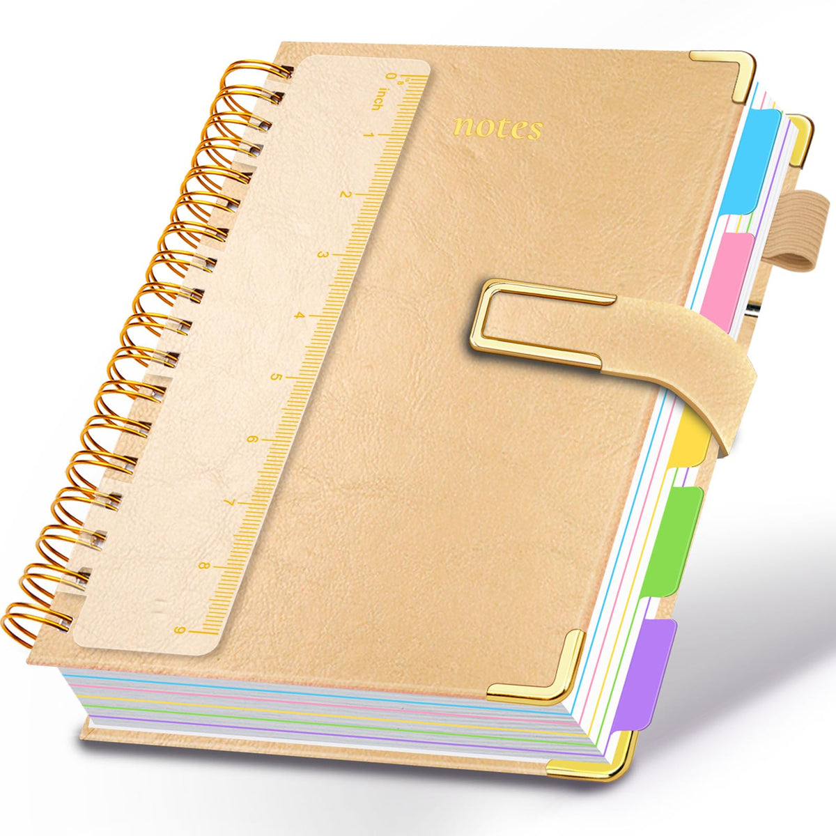 Hardcover Spiral Notebook College Ruled, 6.2"x 8.2" Leather Journal Notebook with Magnetic Closure, 300 Pages 5 Subject Notebook with Dividers Tabs Journal for Women Men, Work, School(Sage Green)