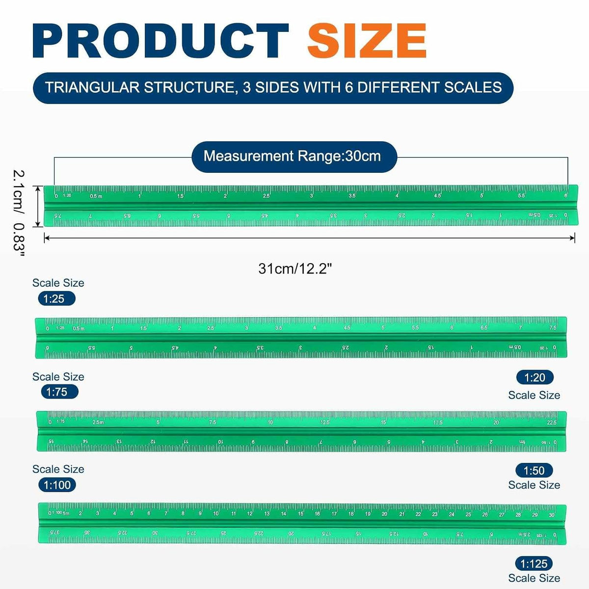 HARFINGTON 2 Pcs Architectural Scale Ruler, 12 Inch Metric Aluminum Alloy Architect Triangular Small Scale Laser-Etched Blueprint Drafting Ruler for Architects Engineers, Green