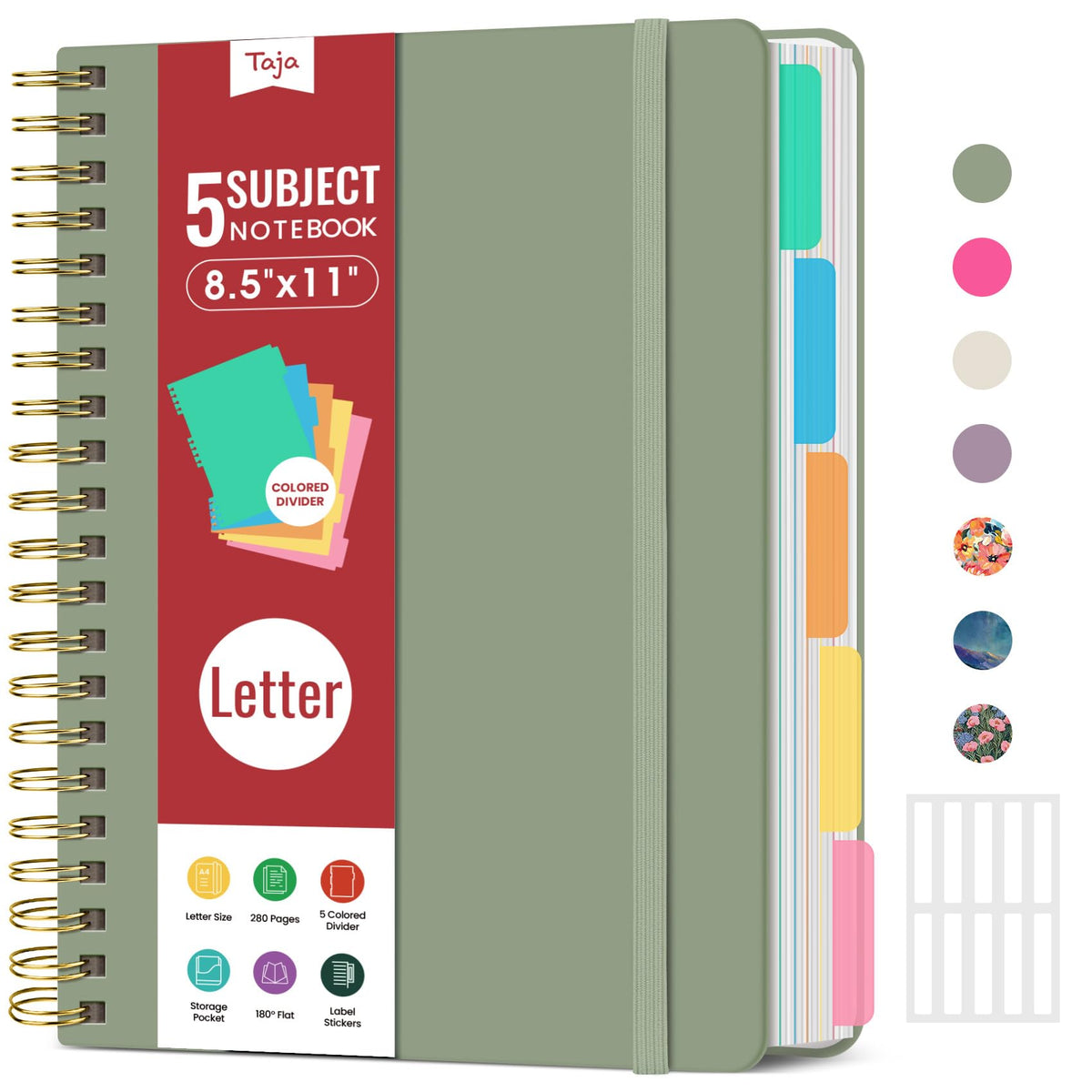Taja Spiral Notebooks for Work 5 Subject Notebook with Removable Dividers