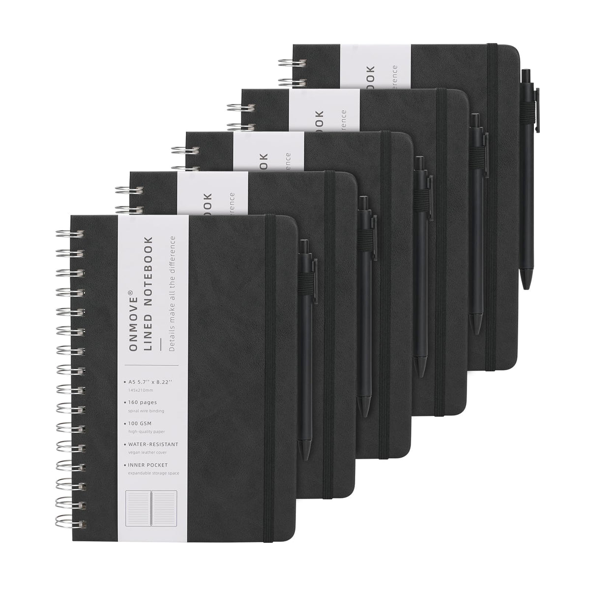 Spiral Notebooks Journal for Women Men 5 Pack Bulk Leather Hardcover with Pen Holder A5 160 Pages 100 GSM Thick Paper for Work School (Black)