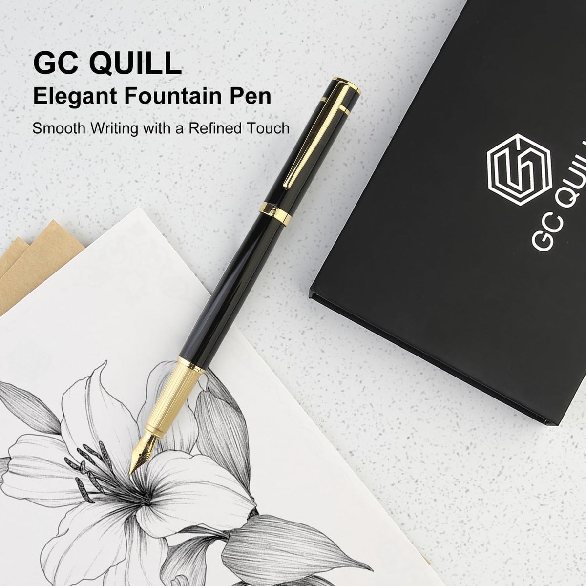 Fountain Pen Set, Elegant Executive Fine Nib Pen with Ink Converter, Refill Tool, Black & Assorted Cartridges, Bottled Ink, Gift for Journaling, Writing, Office and Beginners (Black & Gold)