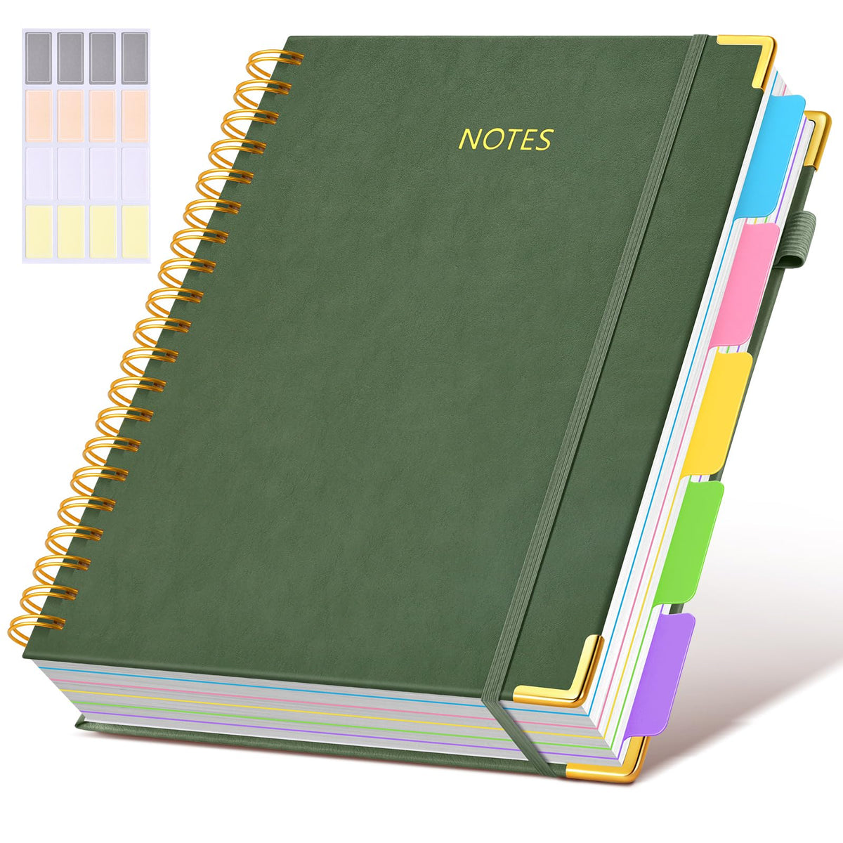 Hardcover Spiral Notebook journal with Removable Dividers Tabs, 300 Pages Leather 5 Subject Notebook College Ruled, 8"x10" Large B5 Notebooks for Work School Note taking, Lined Journal for Women,Green