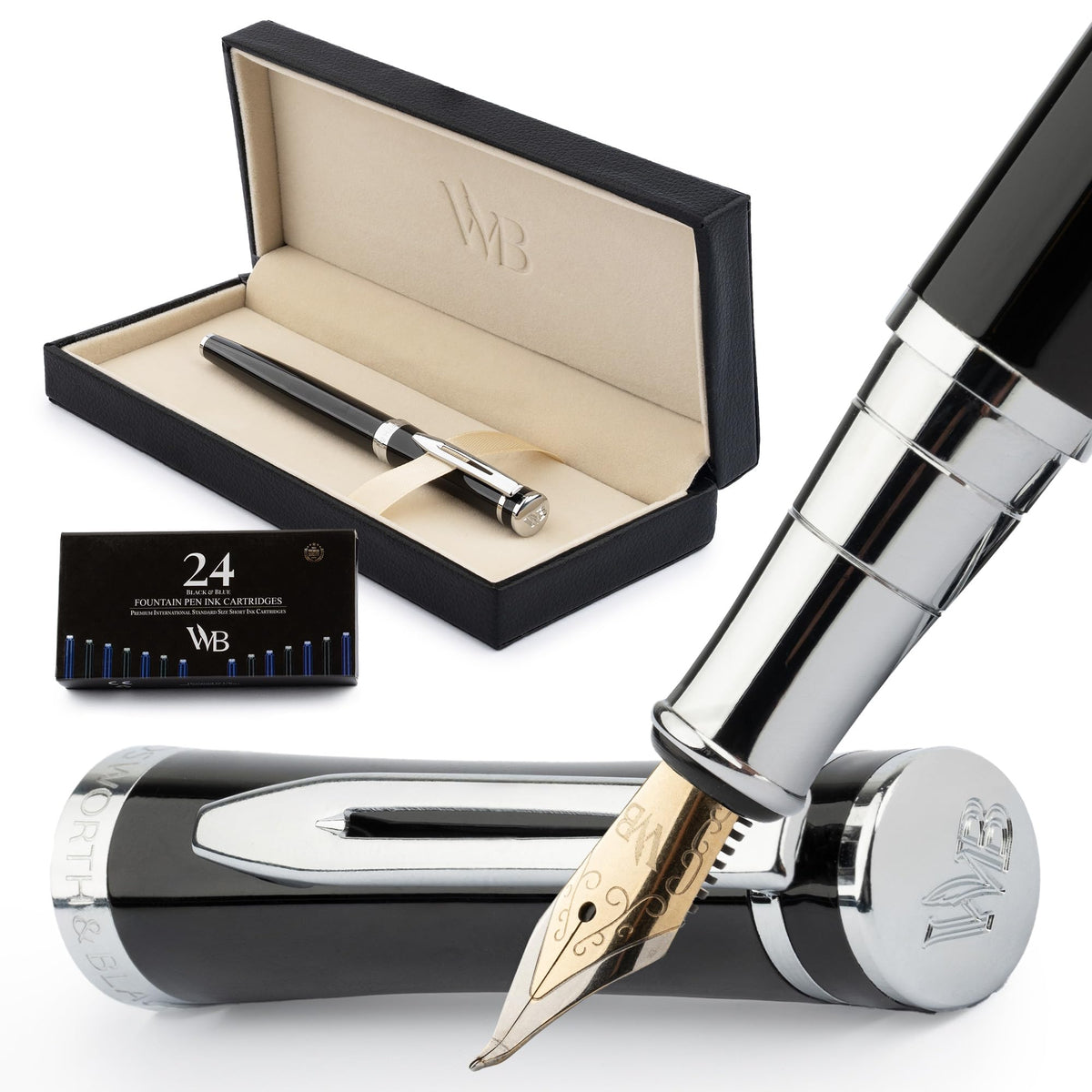 Wordsworth & Black Luxury Fountain Pen Set for Writing, Medium Nib, Silver