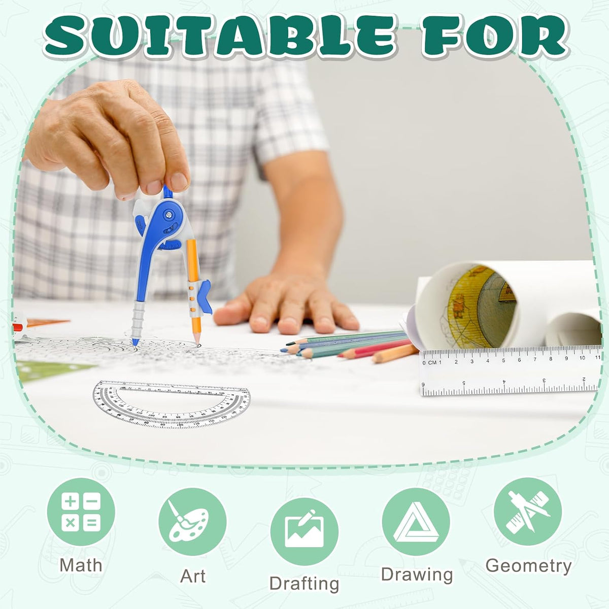 72 Pack Math Compass & Protractor Geometry Math Plastic Ruler Set
