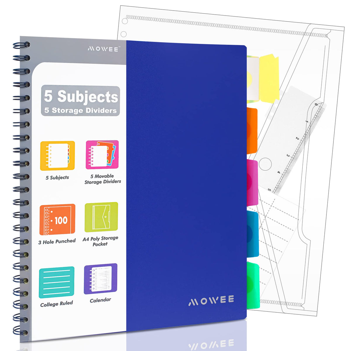 Spiral Notebook - 5 Subject Notebook, College Ruled Notebook 3-Hole Punched With Dividers, Storage Pockets, 11" Ruler, 200 Pages, for Writing Journal, Home &Office, School Supplies(Black)