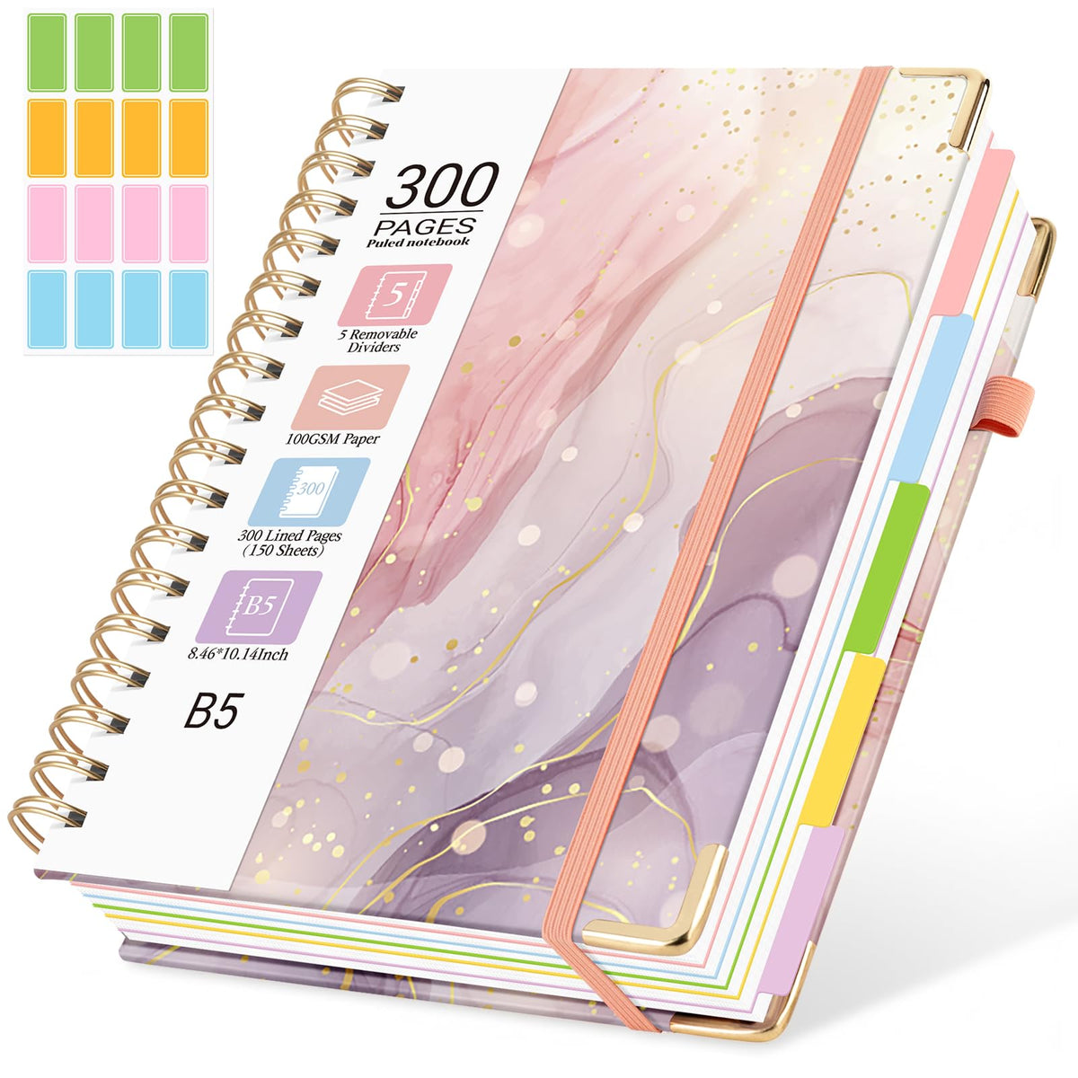 Hardcover Spiral Notebook, 5 Subject Notebook College Ruled 300 Pages