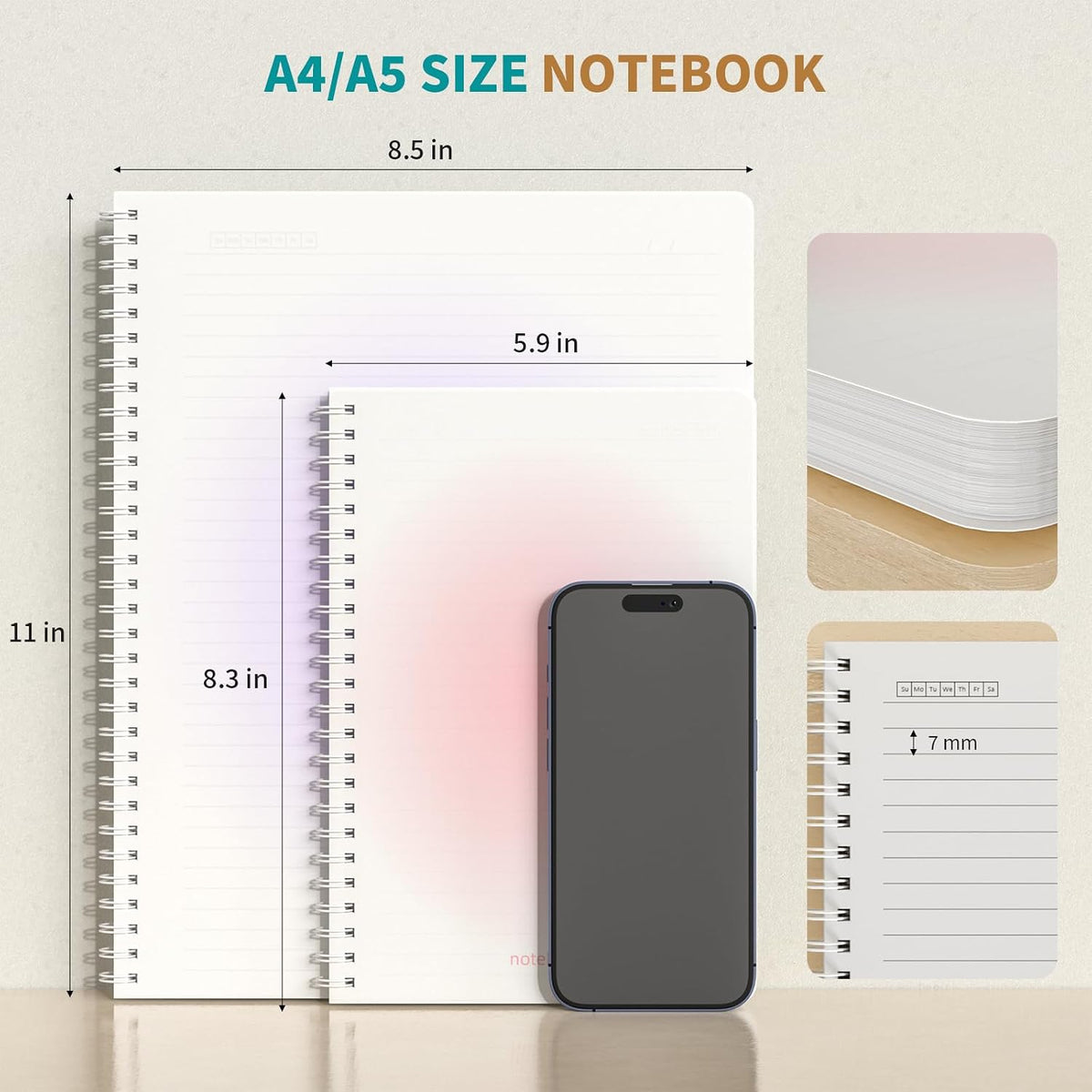 Oucaru A4 Spiral Notebook 4 Pack College Ruled Cute Pastel Notebooks