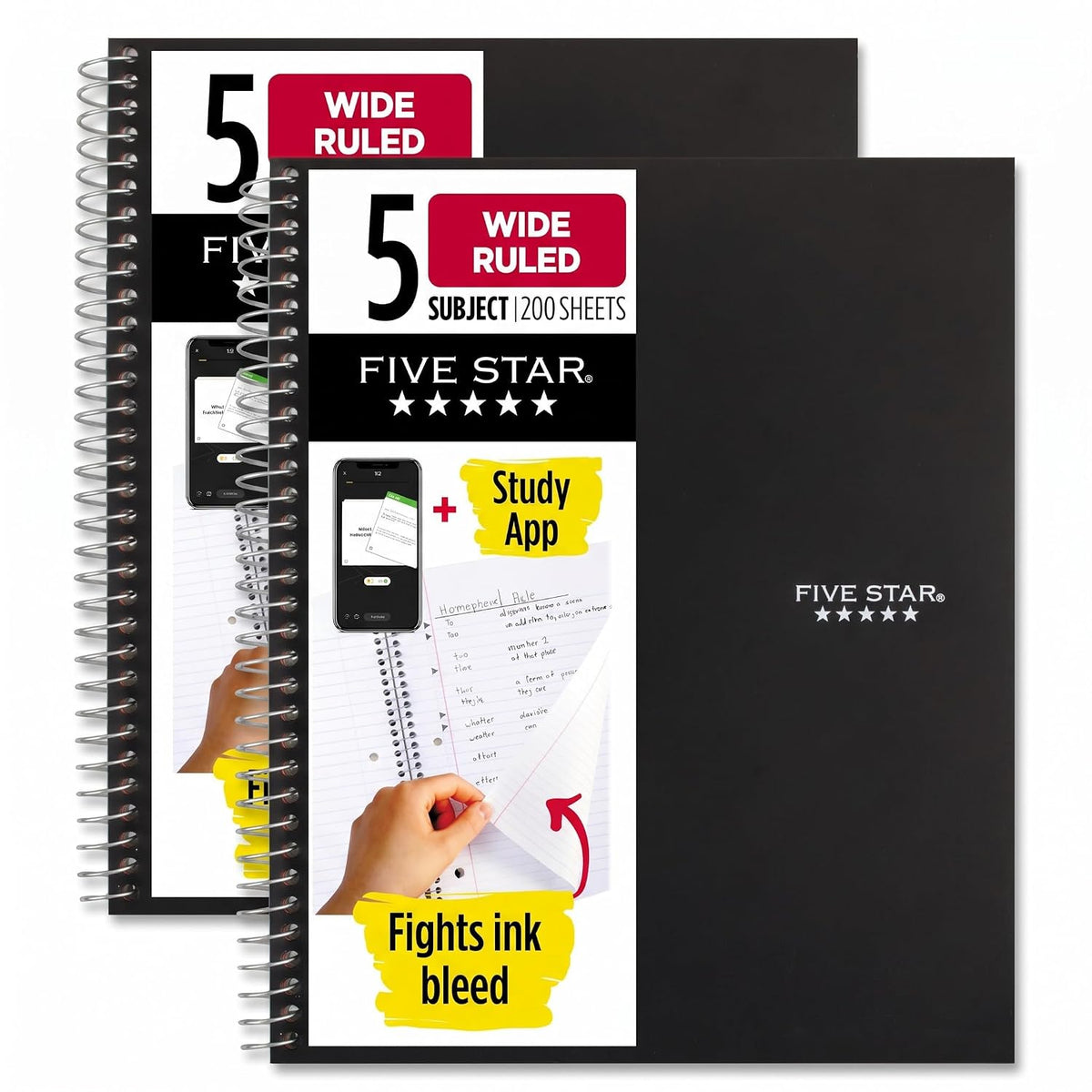 Five Star Spiral Notebook + Study App, 5 Subject, Wide Ruled Paper, 8" x 10-1/2", 200 Sheets, Fights Ink Bleed, Water Resistant Cover, Black (72045) (Pack of 2)