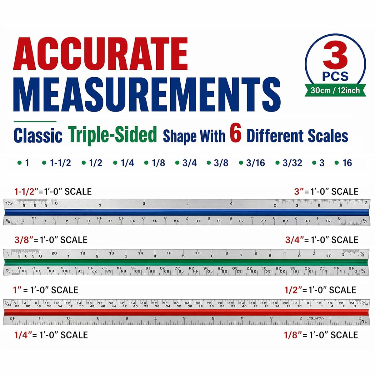 Nicunom 3 Pack Architectural Scale Ruler, 12" Triangular Architect Scale Aluminum Color-Coded Grooves Triangle Ruler for Architects, Students, Draftsman, and Engineers (Imperial)