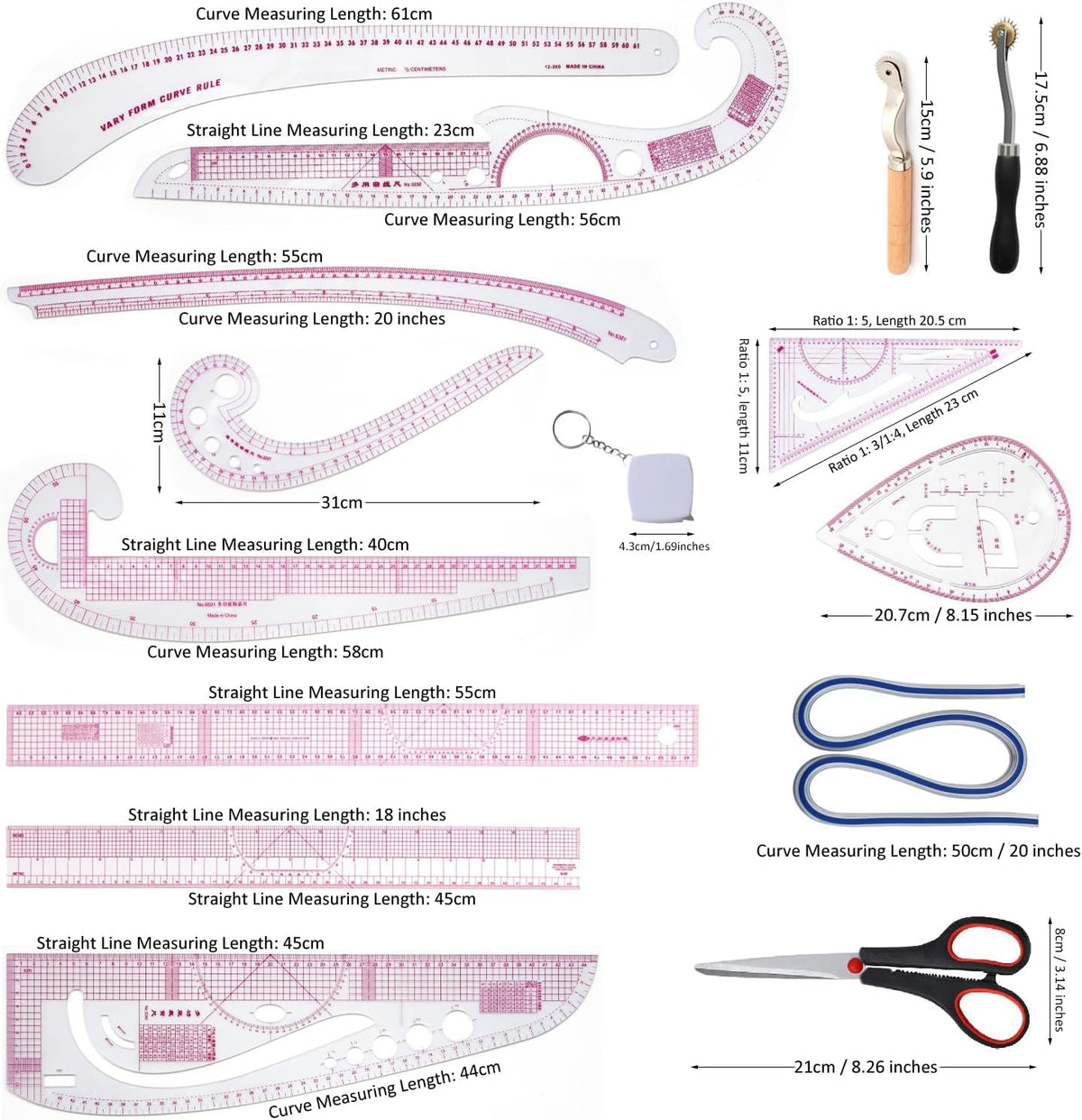 HLZC French Curve Ruler for Pattern Making, 15 Pieces Clear Sewing Ruler Set for Beginners Tailors Designers