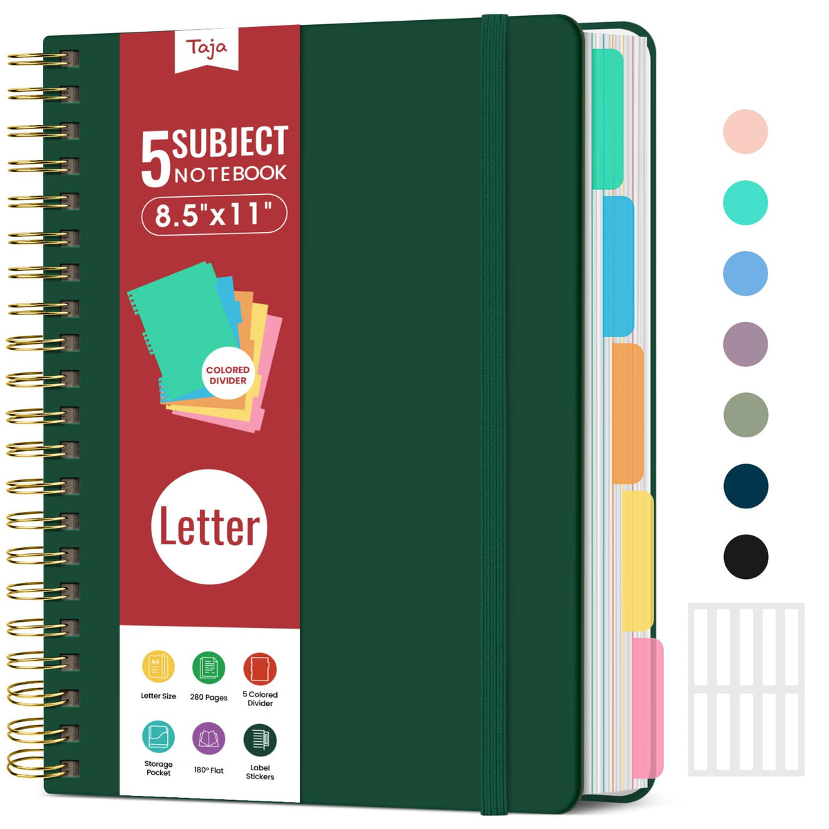 Taja Spiral Notebooks for Work 5 Subject Notebook with Removable Dividers